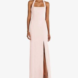Dessy Tie Halter Open Back Trumpet Gown in Blush